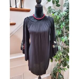 Blue Rair Women's Black Floral Rayon Scoop Neck Long Sleeve Knee Length Dress M